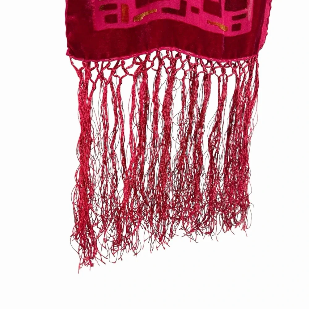 Whimsigoth Red Velvet‎ Burnout Scarf Fringe Gothic Art Deco Long Wrap 9.5Wx76H